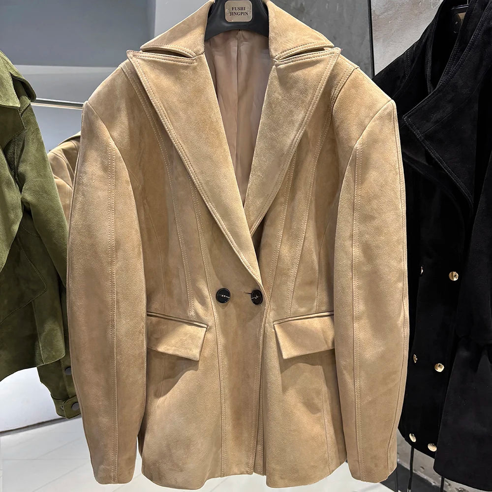 YOLOAgain Vintage Suede Blazer Jacket Women Double Breasted Lapel Dark Brown Genuine Sheepskin Leather Jacket Coat Female