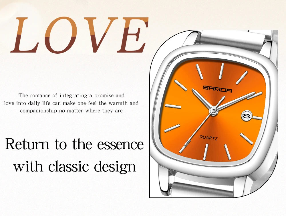 Sanda 2026 Couple Quartz Watch Men's and Women's Square Watch 3ATM Waterproof Calendar Simple and Elegant Women's Watch 3278