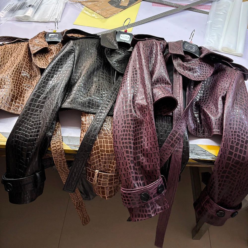 YOLOAgain Croc Pattern Real Leather Cropped Jacket Women Genuine Leather Jacket Female Streetwear
