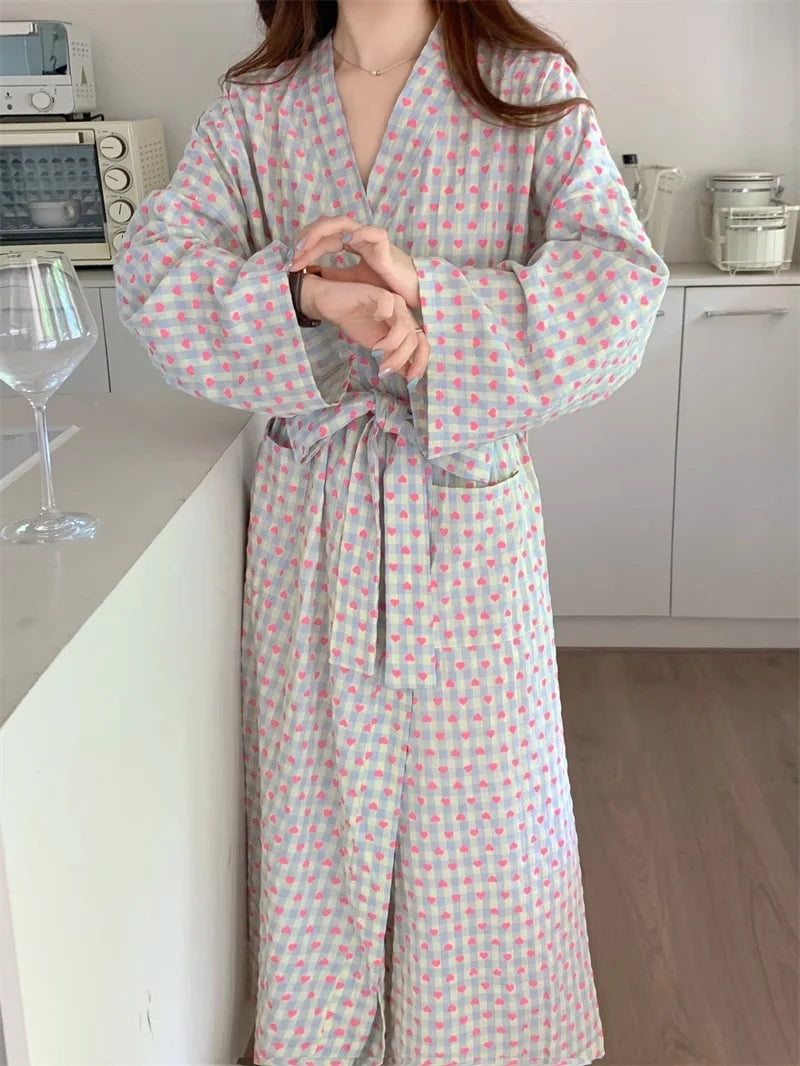 CHUANGERM Women Sweet Plaid Long Sleeve V‑Neck Lace Up Loose Medium‑Long Robe Comfortable Sexy Home Wear Loungewear