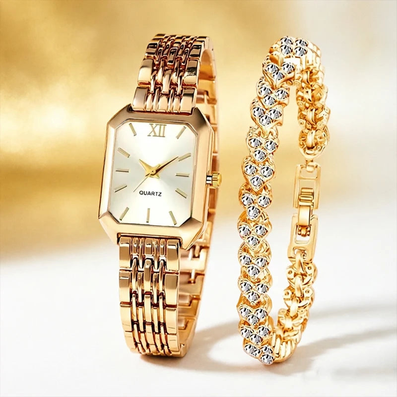 2PCS Fashion Rectangular Dial Women's Quartz Watch Love Bracelet