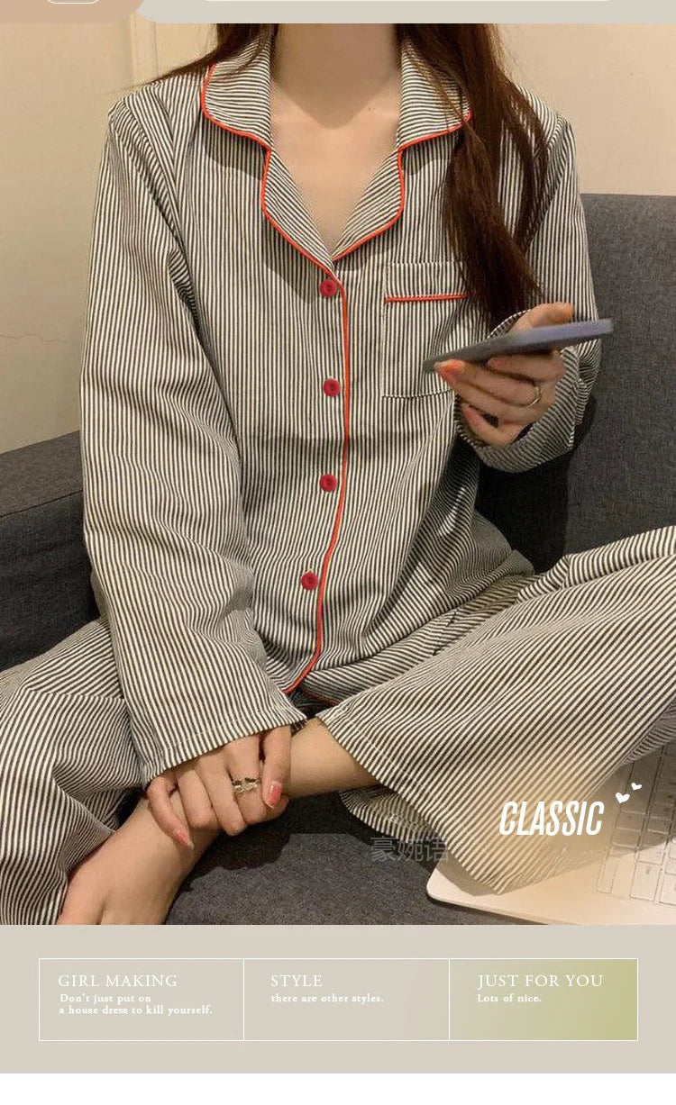 Women's Long Sleeve Loose Breathable Student Sleepwear Loungewear Cardigan Gray Striped Ladies Stripe Fashion Pajamas Homewear