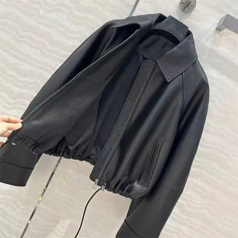 Real Leather Clothing for Women Lapel Drawstring Silhouette Short Coat Female Genuine Sheepskin Balloon Jacket Bomber Femme