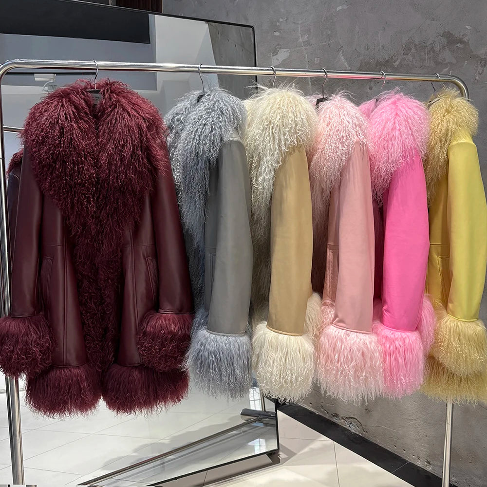 YOLOAgain Mongolia Sheep Fur Jacket Women Real Leather Coat Suede Jacket