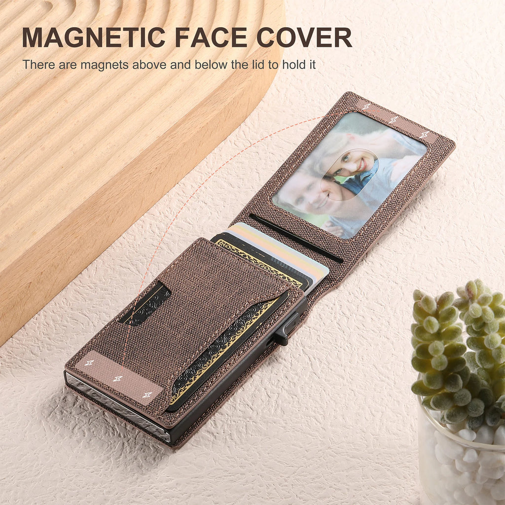 Push-out Card High Quality Faux Leather Card Holder Wallet Holder Large Capacity Can Hold 1-12 Cards 1 Photo Black/Brown/Blue