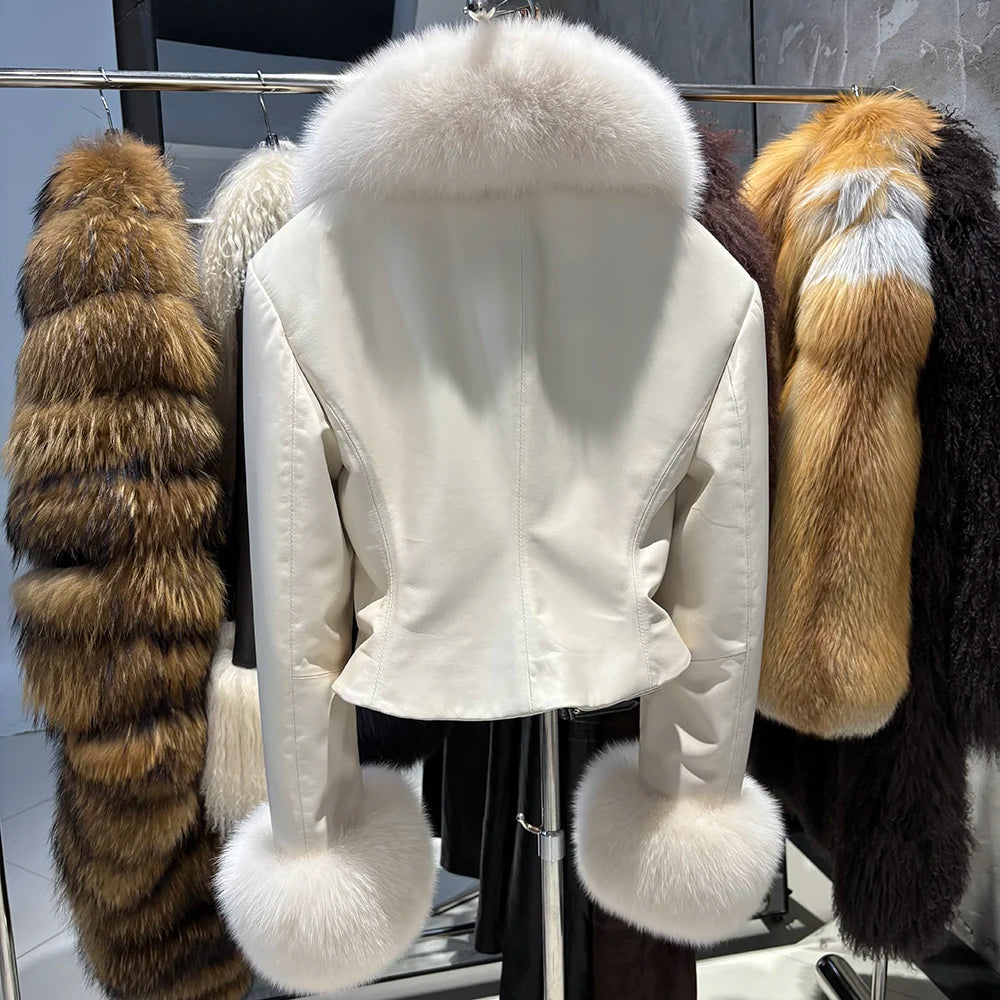 YOLOAgain Real Leather Jacket Women With Fox Fur Collar Cuffs Slim Fit Genuine Sheepskin Coat Female