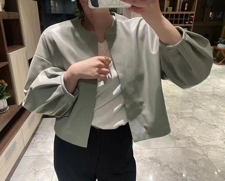 Autumn Puff Sleeve Genuine Leather Jacket Women 100% Sheepskin Collarless Cardigan Casacas Loose Small Short Blouson Cuir Femme