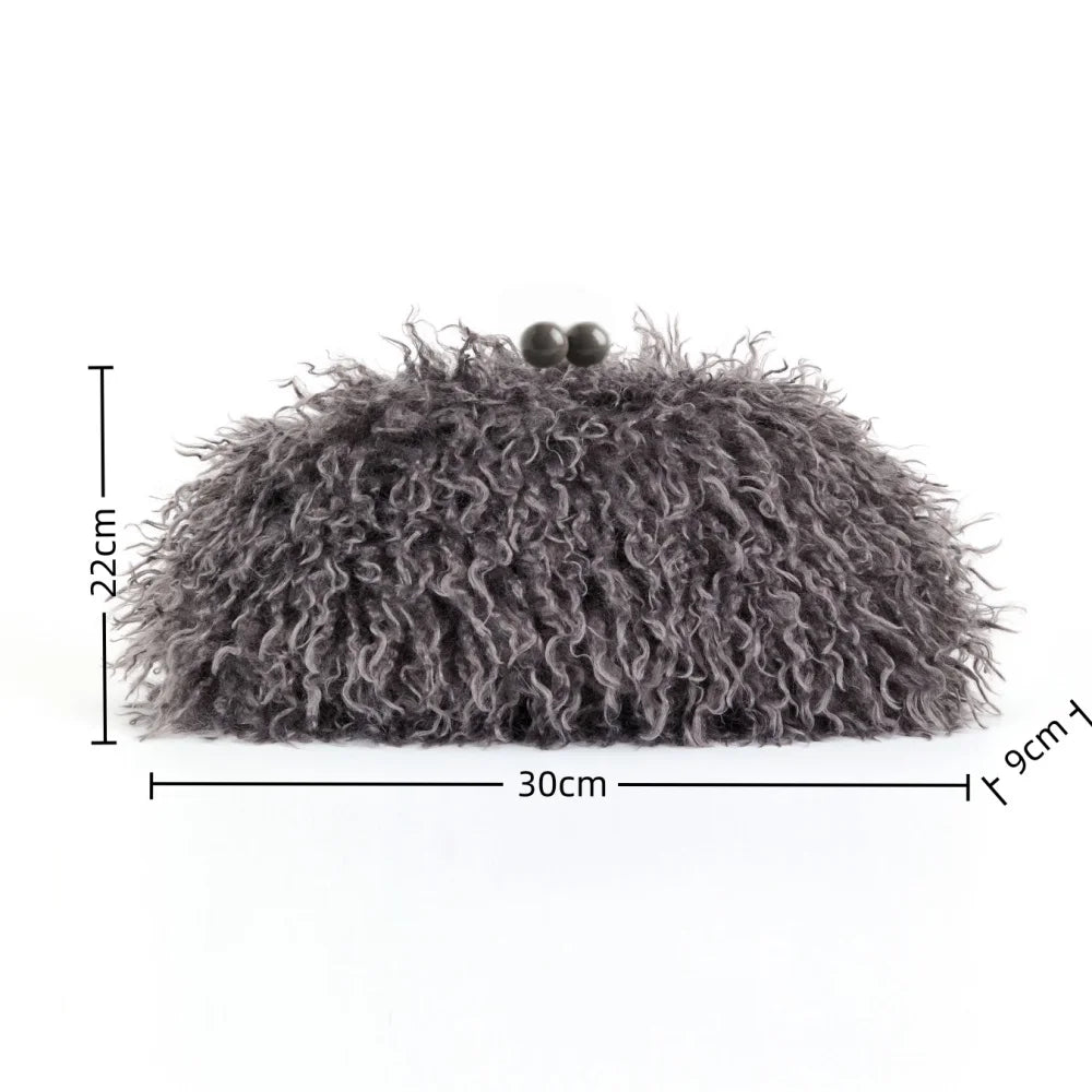 Women Kisslock Faux Fur Clutch Bag Winter Warm Fuzzy Pouch Frame Clasp Bag With Chain Crossbody Dark Grey Red Yellow