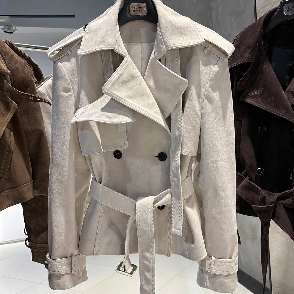 YOLOAgain High Quality Suede Leather Jacket Women With Belt Double Breasted Croc Pattern Jacket Female
