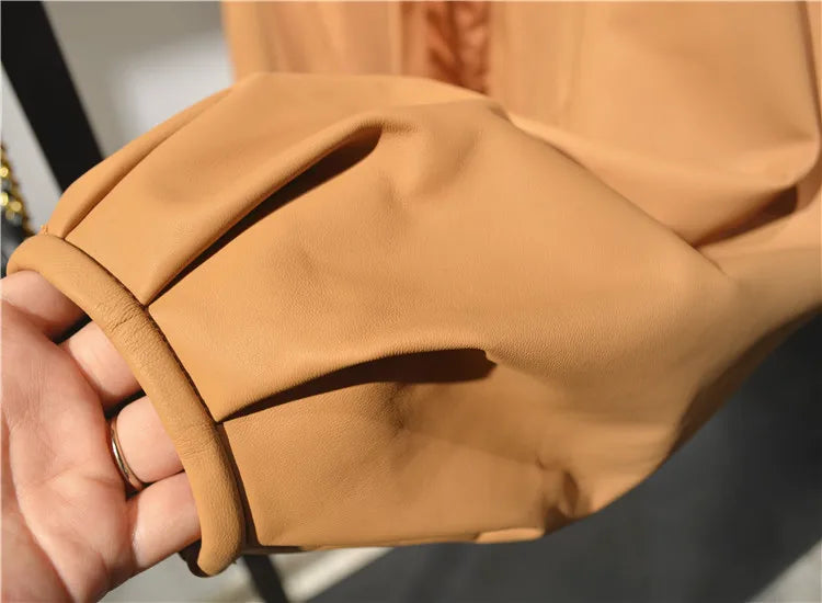 Autumn Puff Sleeve Genuine Leather Jacket Women 100% Sheepskin Collarless Cardigan Casacas Loose Small Short Blouson Cuir Femme