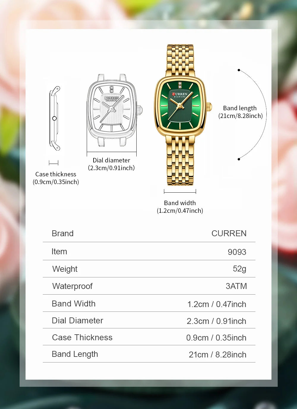 Curren 9093 Women's Quartz Watch Waterproof Luxury Party Women's Watch Elegant Gold Rectangular Dial Quartz Watch Bracelet Gift