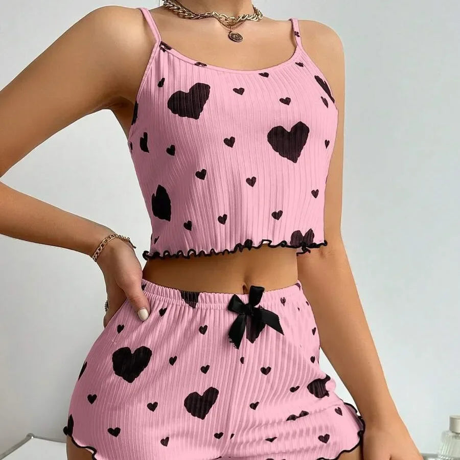2pcs Women's Pajama Set Sexy Cute Kawaii Pajamas Women Suspenders Sun-Tops Loungewear Set Shorts Y2K Lolita Heart Silk Sleepwear