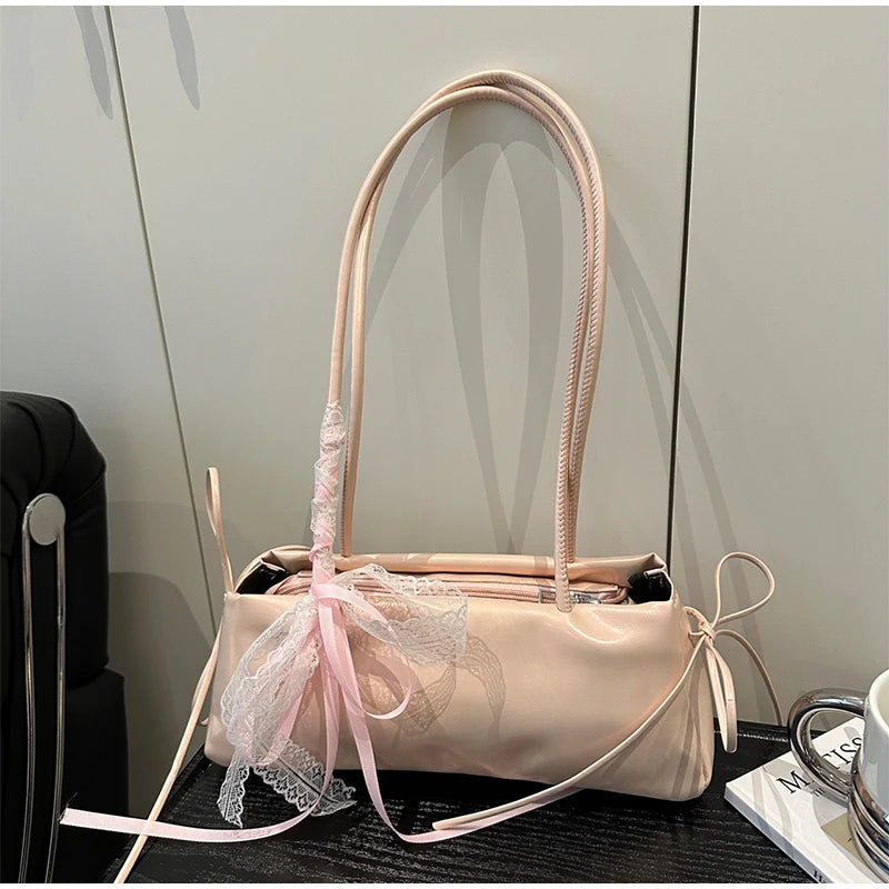 French Elegant Square Bag Korean Bow Decoration Pu High-quality Bag Niche Simple Ballet Style Shoulder Bag New Casual Women Bags