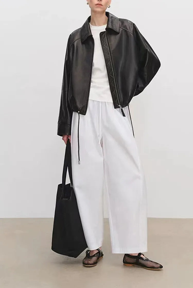 Real Leather Clothing for Women Lapel Drawstring Silhouette Short Coat Female Genuine Sheepskin Balloon Jacket Bomber Femme