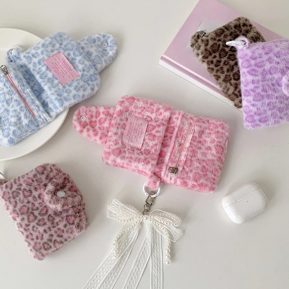 Leopard Pattern Plush Coin Purse Cute Wallet Card Bag Korean Fashion Wallet Card Holder for Girl Portable Cute Small Storage Bag