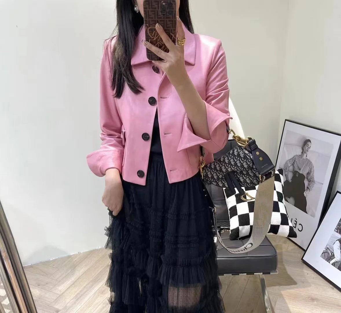 Women Genuine Leather Jacket 2025 Winter Female Square Collar Pocket Single-Breasted Slim Short Coat Mujer Outwear Blazer Kurtki