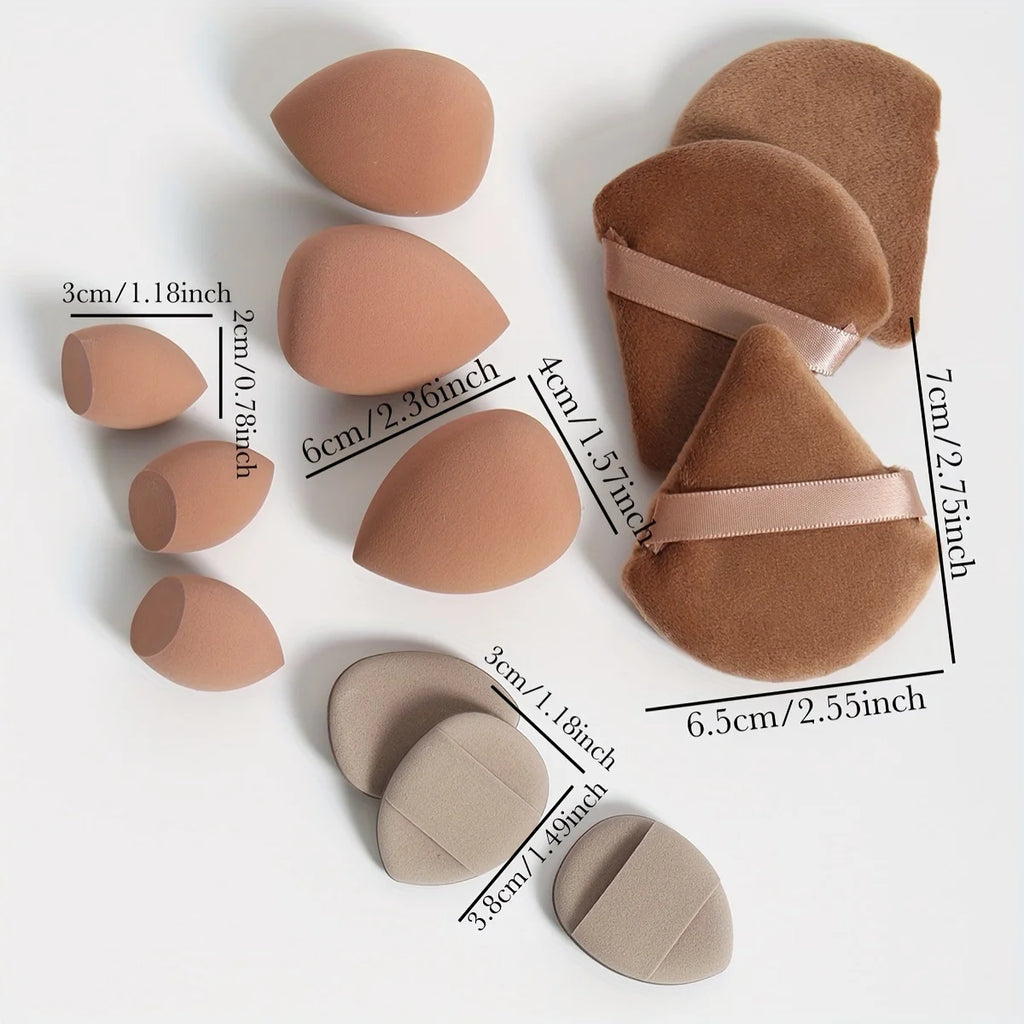 A 12 Piece Set of Versatile Makeup Sponges, Consisting of 3 Loose Powder Puffs, 3 Mini Cushion Powder Puffs, 3 Beauty Eggs, and