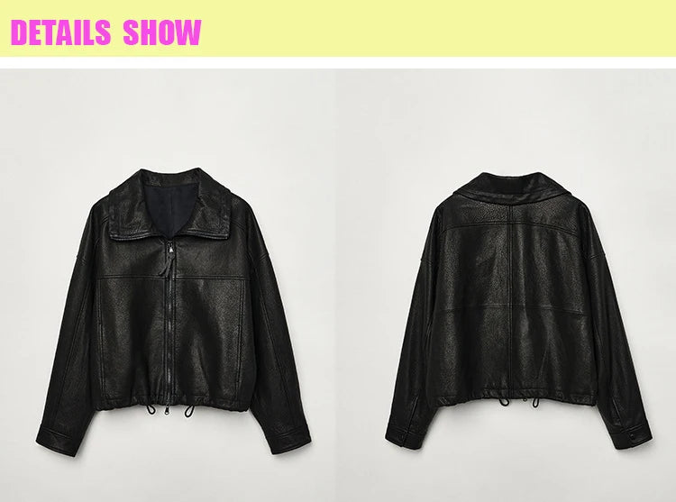 Real Leather Jacket Women Autumn High Stand Collar Drawstring Double Zippers Locomotive Retro Short Sheepskin Coat Kurtka Damska