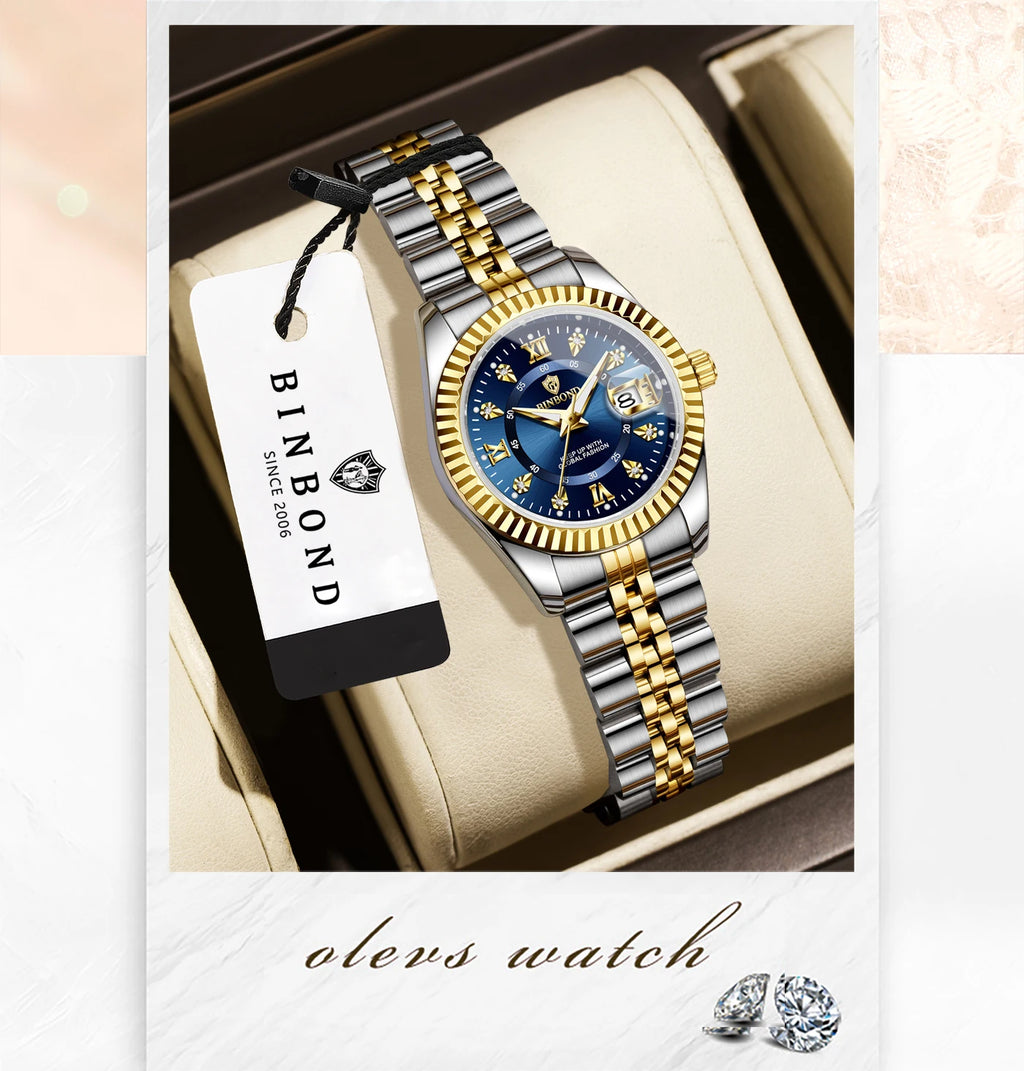 BINBOND Quartz Watches For Women Luminous Waterproof Stainless Steel Ladies Watch Montre Femme Luxe De Marque Reloj With Box