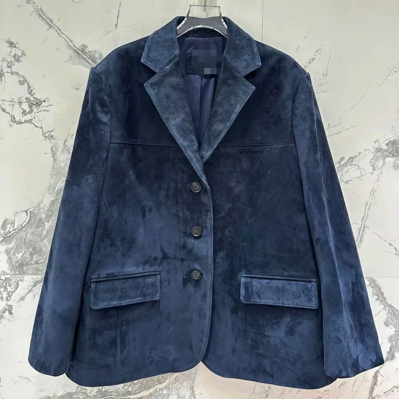 High Quality Suede Leather Suit Jacket Woman Kid Suede Flip Collar Wide Shoulder Split Vintage Ropa Mujer Dark Blue Blazer Coat