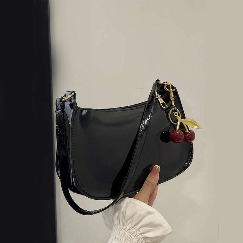 Women's PU Leather Handbag Versatile Fashion Solid Color Cherry Pendant Shoulder Bag Casual Commuting Bag Underarm Bag