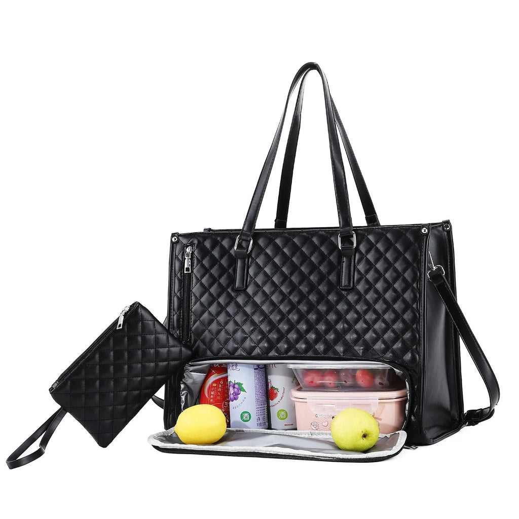 Women Large Capacity Insulated Lunch Tote Bag PU Leather Quilted Shoulder Bag Work Travel Handbag with small Pouch