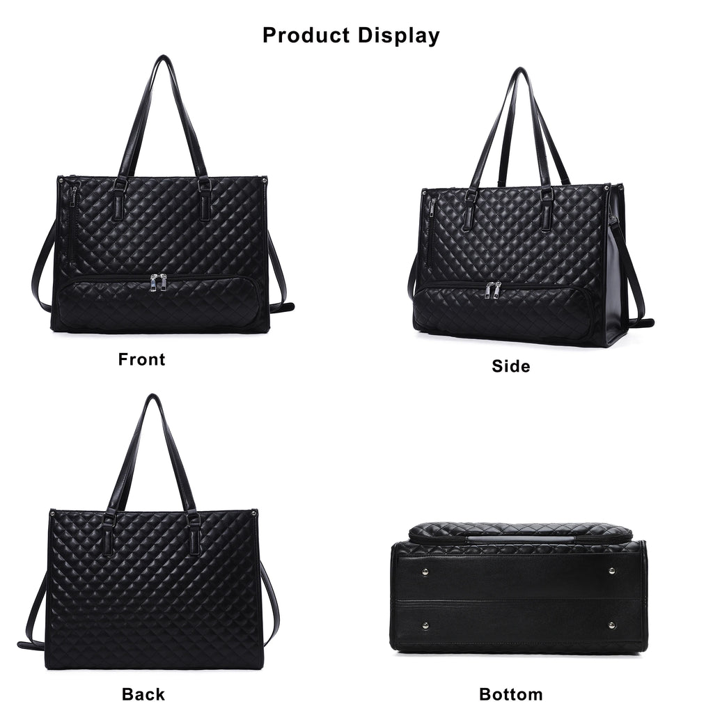 Women Large Capacity Insulated Lunch Tote Bag PU Leather Quilted Shoulder Bag Work Travel Handbag with small Pouch