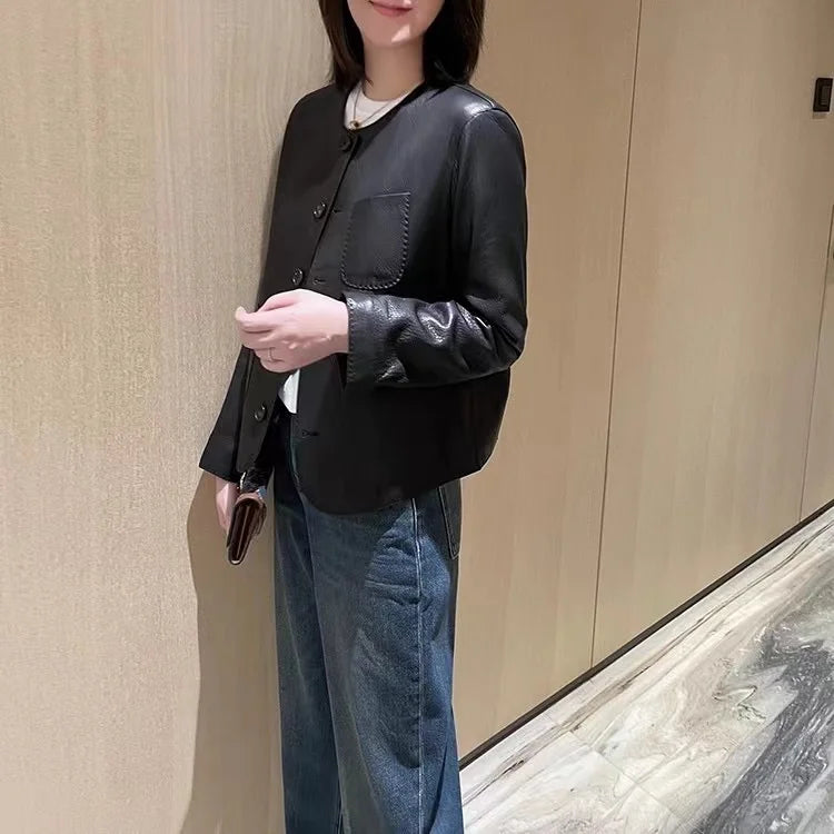 Women's Autumn Clothing European High Quality Sheepskin Casual O-Neck Single-Breasted Coffee Litchi Stria Genuine Leather Jacket