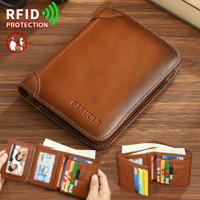 GERUOLA Slim RFID Shielded Genuine Leather Wallet for Men-Multifunctional ID & Credit Card Holder Dark Brown with Embellishments