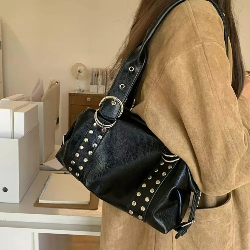New PU Leather Women Shoulder Bag Large Capacity Y2K Motorcycle Bag High Quality Fashion Rivet Handbag Daily Use
