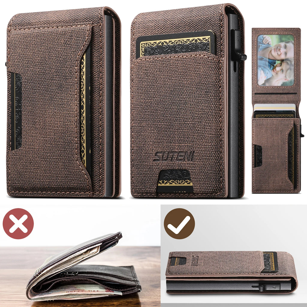 Push-out Card High Quality Faux Leather Card Holder Wallet Holder Large Capacity Can Hold 1-12 Cards 1 Photo Black/Brown/Blue