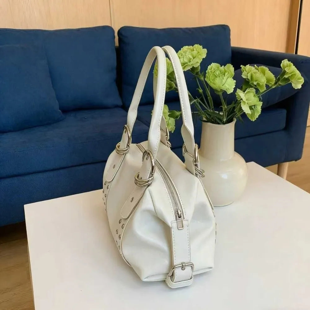 New PU Leather Women Shoulder Bag Large Capacity Y2K Motorcycle Bag High Quality Fashion Rivet Handbag Daily Use