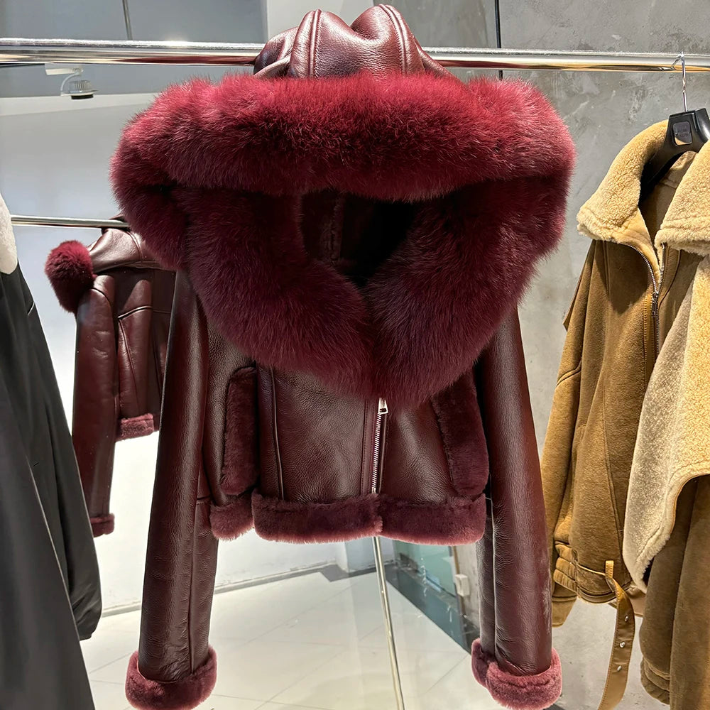 YOLOAgain Burgundy Shearling Jacket With Hood Women 2025 Winter Real Leather Jacket Coat