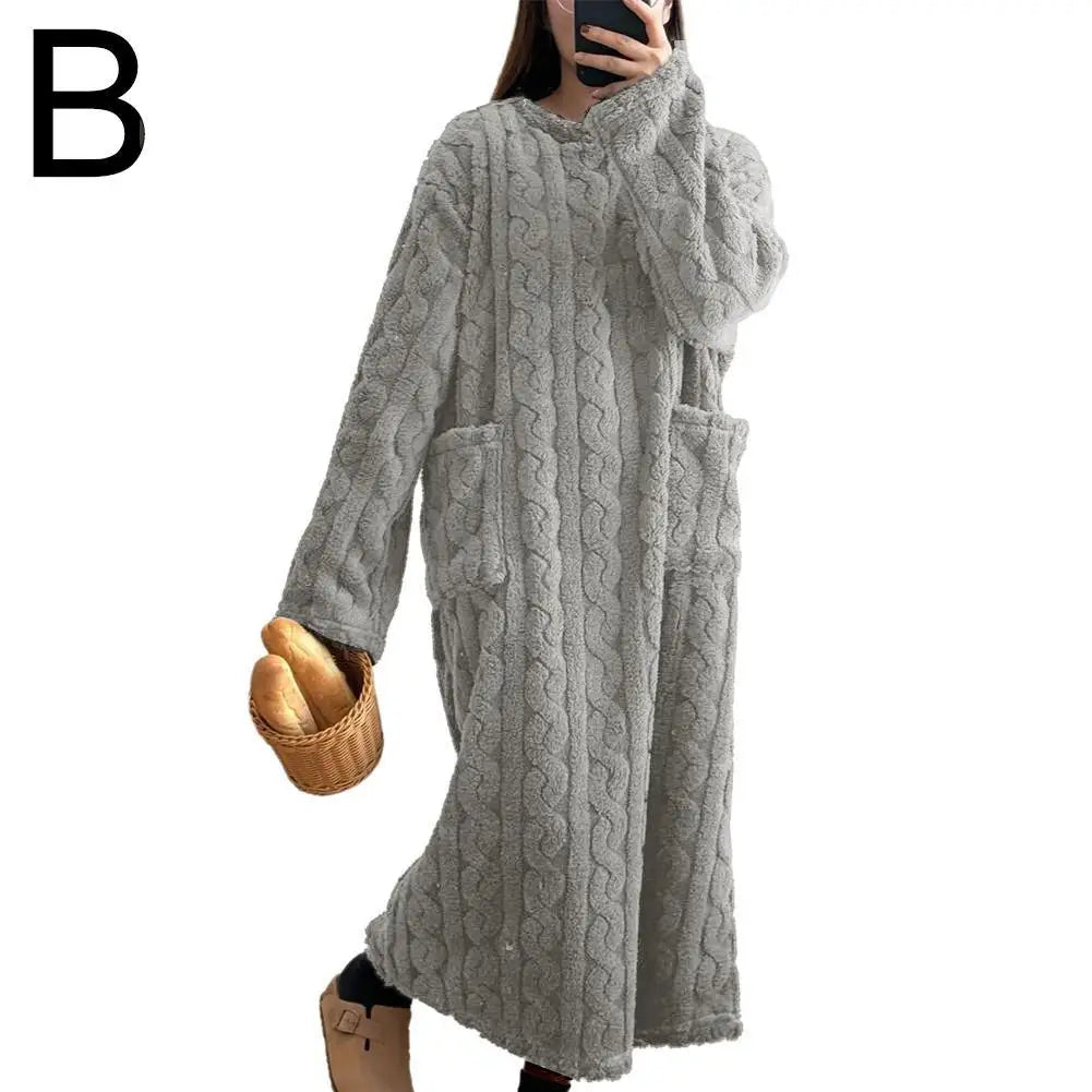 Coral Velvet Women's Nightgown Autumn And Winter Long Sleeve Double Pocket Flannel Nightgowns Women Loose Solid Sleepwear