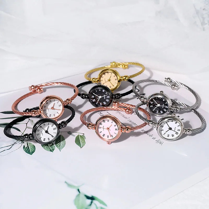 YIKAZE Small Gold Bangle Bracelet Luxury Watch Stainless Steel Retro Ladies Quartz Wristwatch Fashion Casual Thin Chain Watches