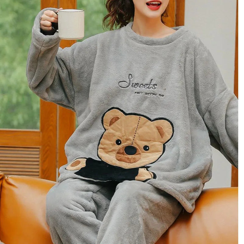 Thickened Warm Large Size Padded Fall and Winter Women's Pajamas Top and Pants Set Coral Velvet Ladies Cartoon Bear 2PCS/Set