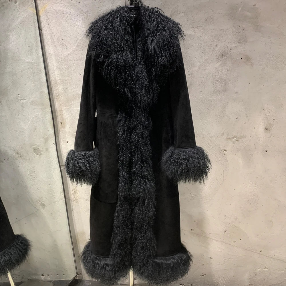 Sheep Fur Coat Long Women Autumn Genuine Sheepskin Coat Long with Mongfolian Fur Trim