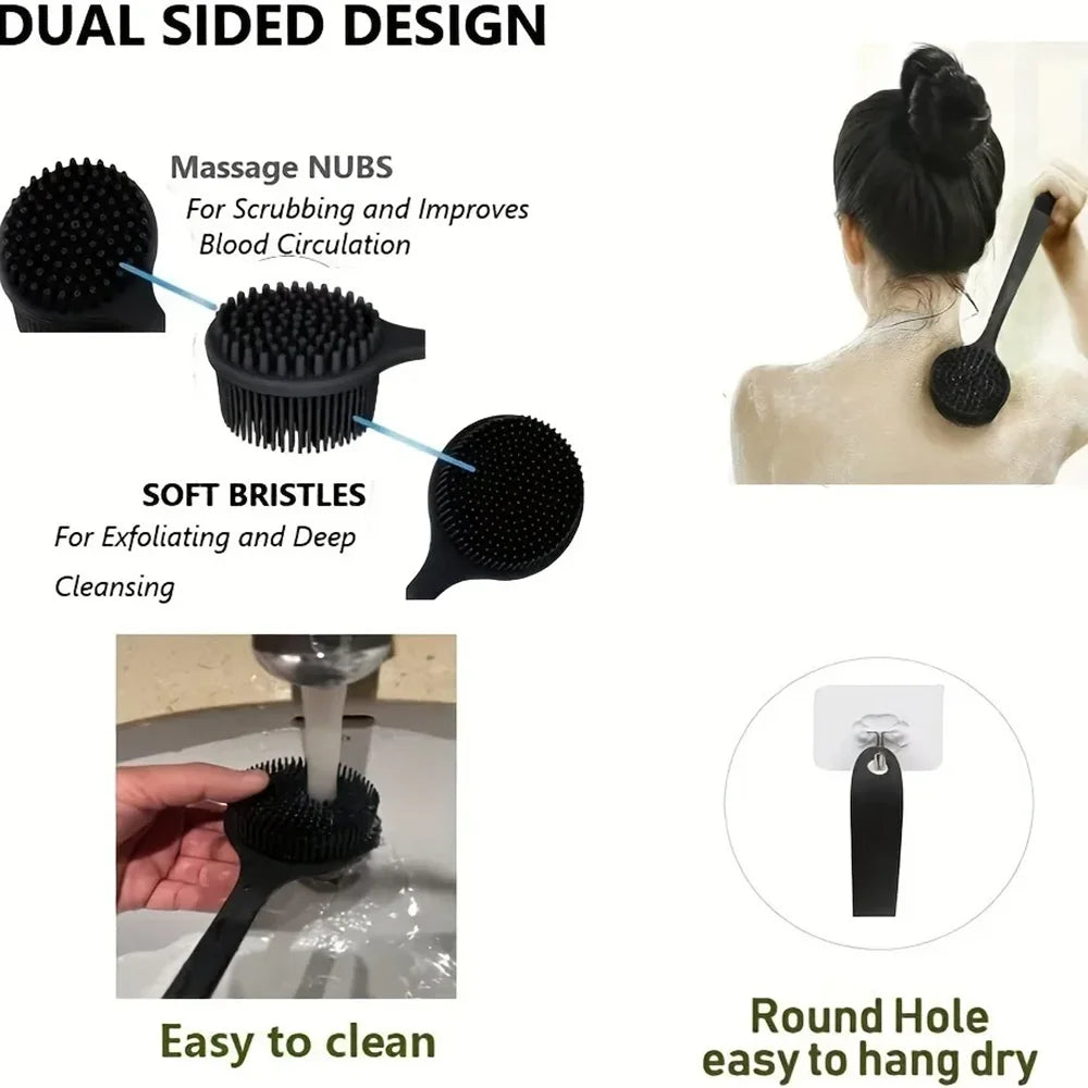 1pc Silicone Back Scrubber Brush for Shower Long Handle Body Deep Cleansing and Exfoliating Massage Double-Sided Soft Bristles