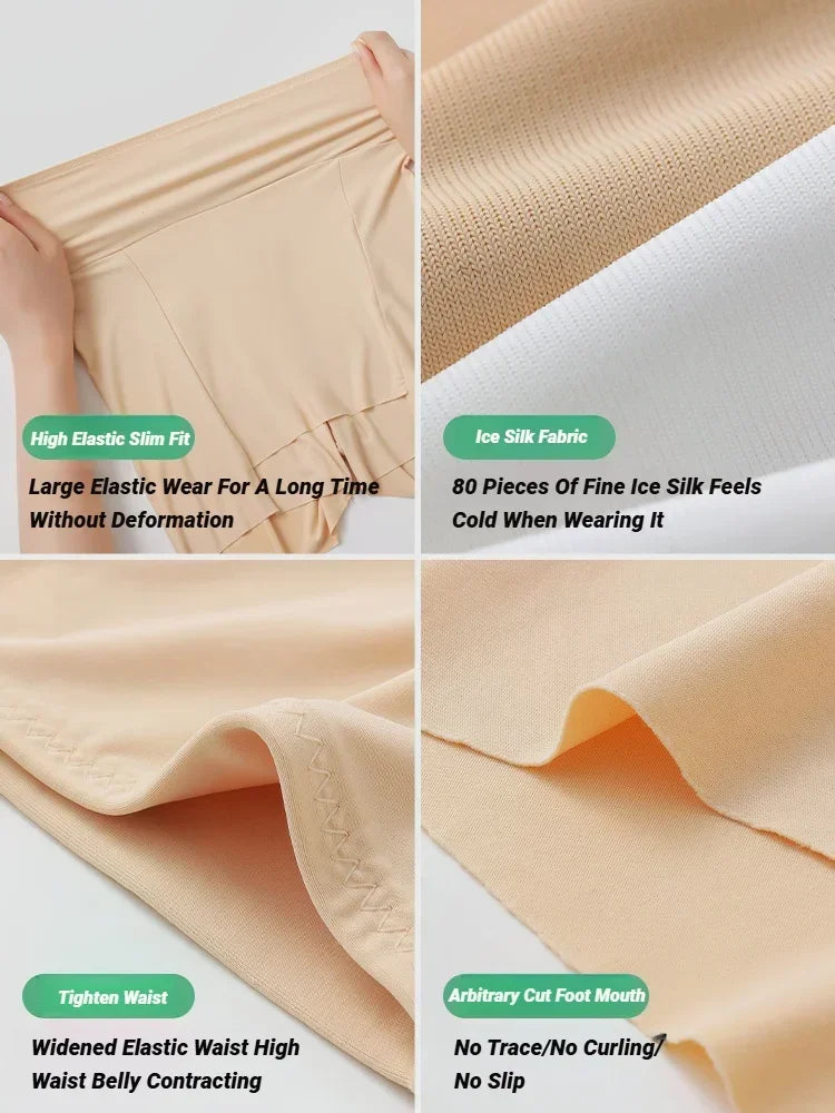 CHUANGERM Women's Ice Silk High Waist Tummy Control Seamless Safety Shorts Thin Double Layer Under Skirt Boxer Shapewear Panty