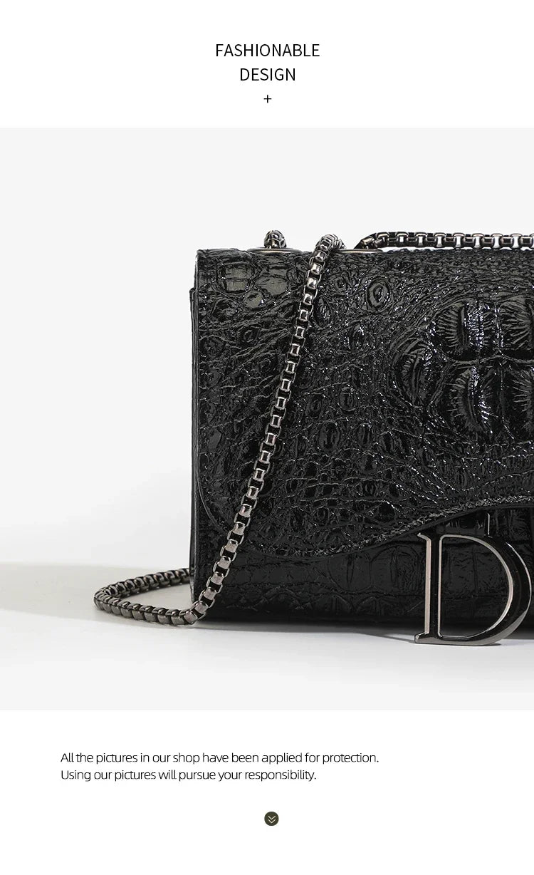 Fashion Ladies Croc Pattern Sequined Chain Crossbody Bag D‑Buckle Shoulder Messenger Handbag Women Evening Party Purse