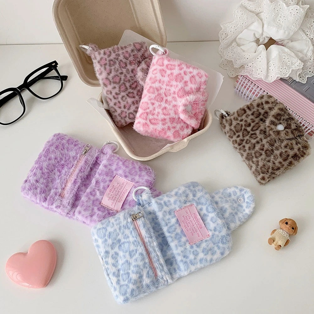 Leopard Pattern Plush Coin Purse Cute Wallet Card Bag Korean Fashion Wallet Card Holder for Girl Portable Cute Small Storage Bag