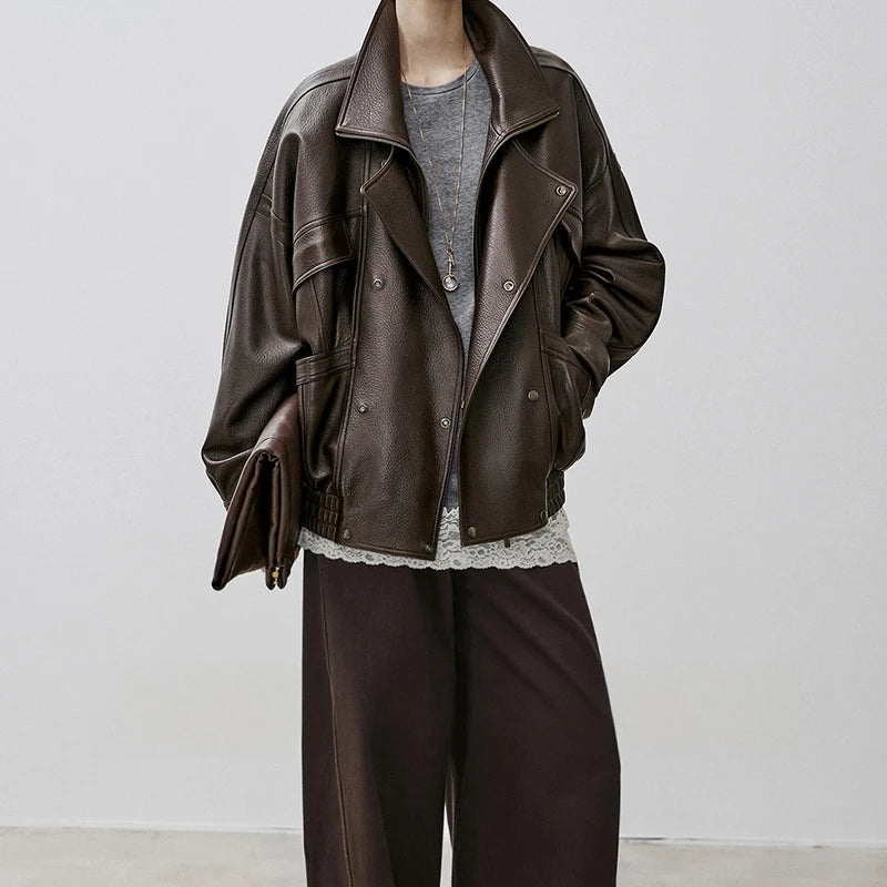 Brown Sheepskin Bubble Skin Coat Female Retro Double Layer Collar Double Breasted Zipper Loose Leather Jacket Winter Outerwear