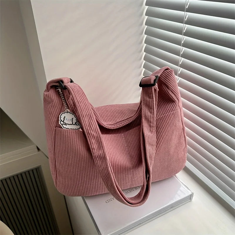 Women’s Corduroy Shoulder Bag, Casual Striped Large Capacity Tote with Zipper Closure, Cute Hat Patch, Perfect for Everyday Use