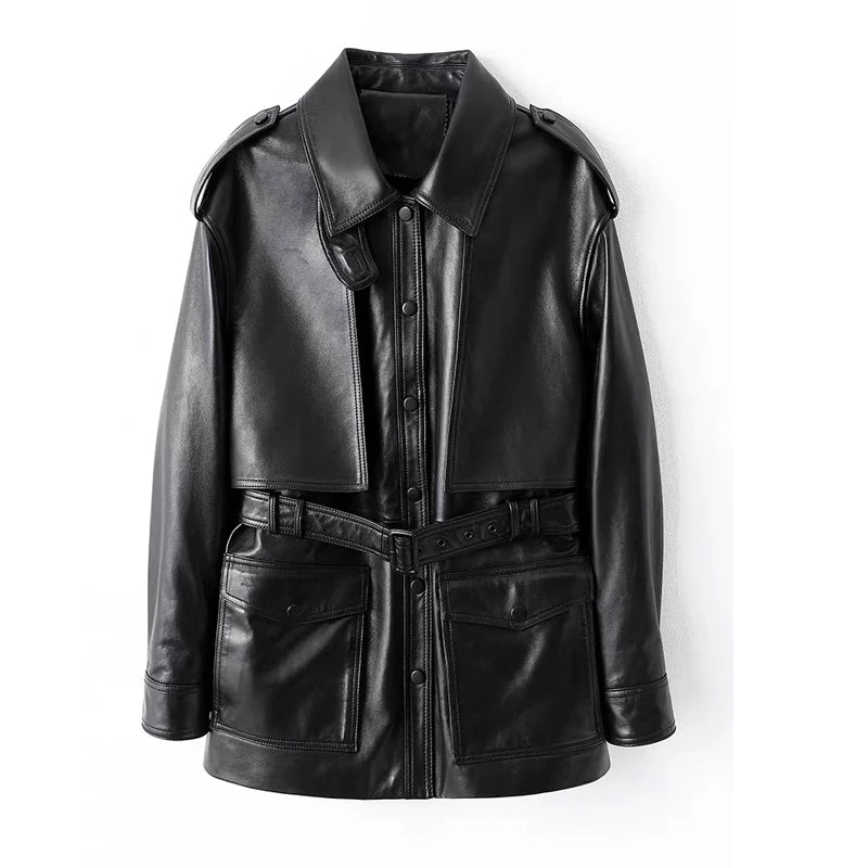Winter Genuine Leather Outwears For Women High Quality Female Large Pocket Epaulet Belt Mid Long Jacket Female Warm Windbreaker