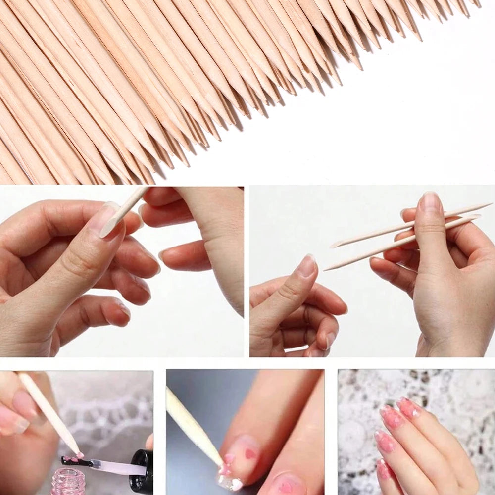 100PCS Cuticle Pusher Remover Nail Art Tools Beechwood Stick Sticks Rhinestones Picker Bead Pusher Manicure Pedicure Care