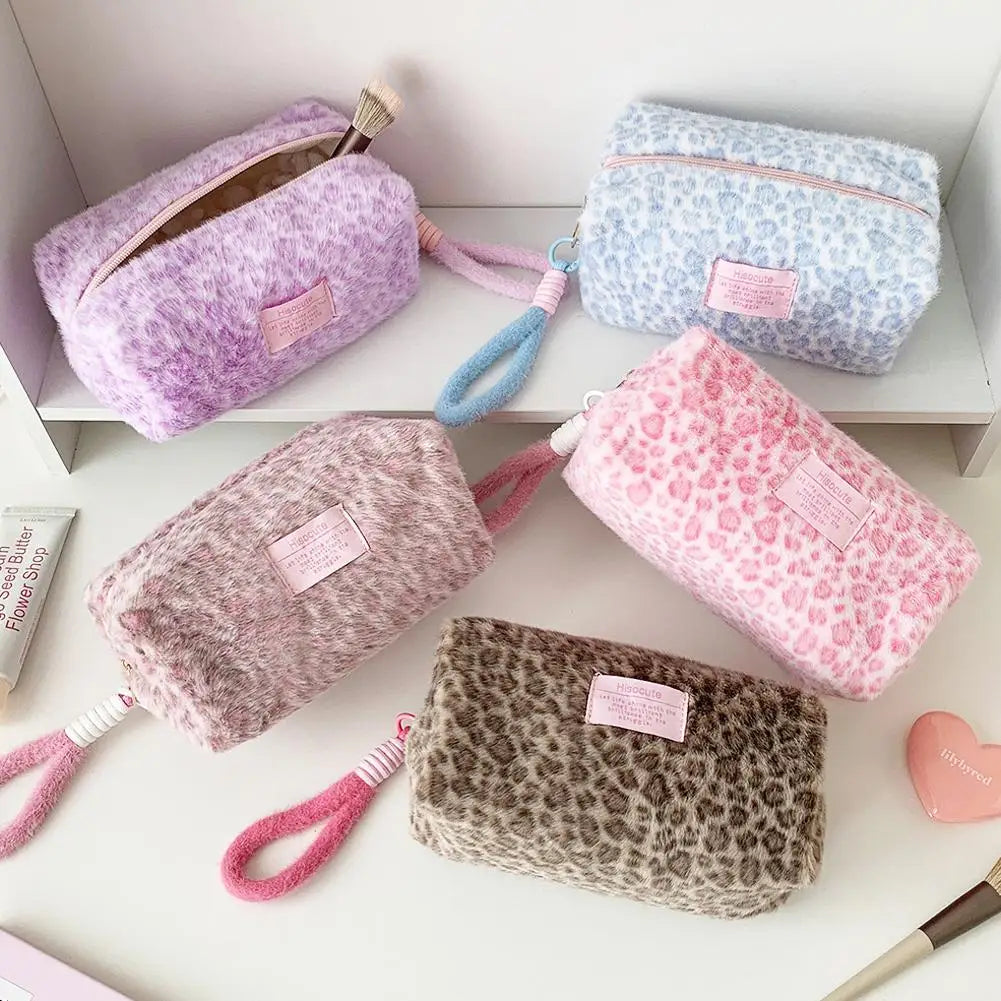 Leopard Print Plush Makeup Bags with Handle Portable Travel Cosmetic Storage Bag Toilet Bag Cute Pencil Case Fashion Handbag
