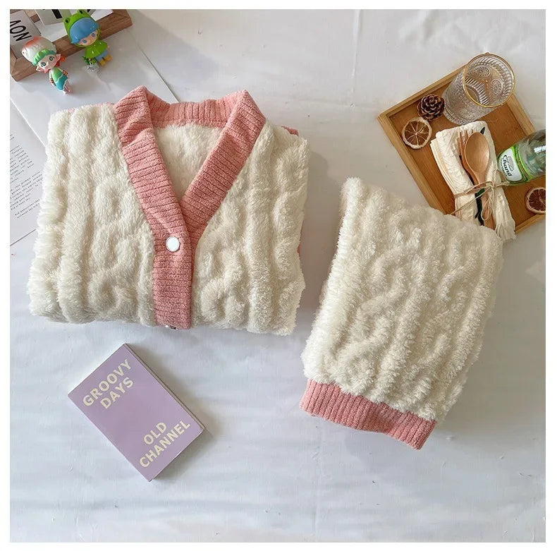 Thickened Warm Pink Peach Coral Velvet Pajamas 2PCS Set Winter Ladies Cardigan Nightwear Homewear Sweet Sleepwear Loungewear