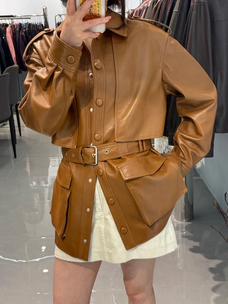 Winter Genuine Leather Outwears For Women High Quality Female Large Pocket Epaulet Belt Mid Long Jacket Female Warm Windbreaker