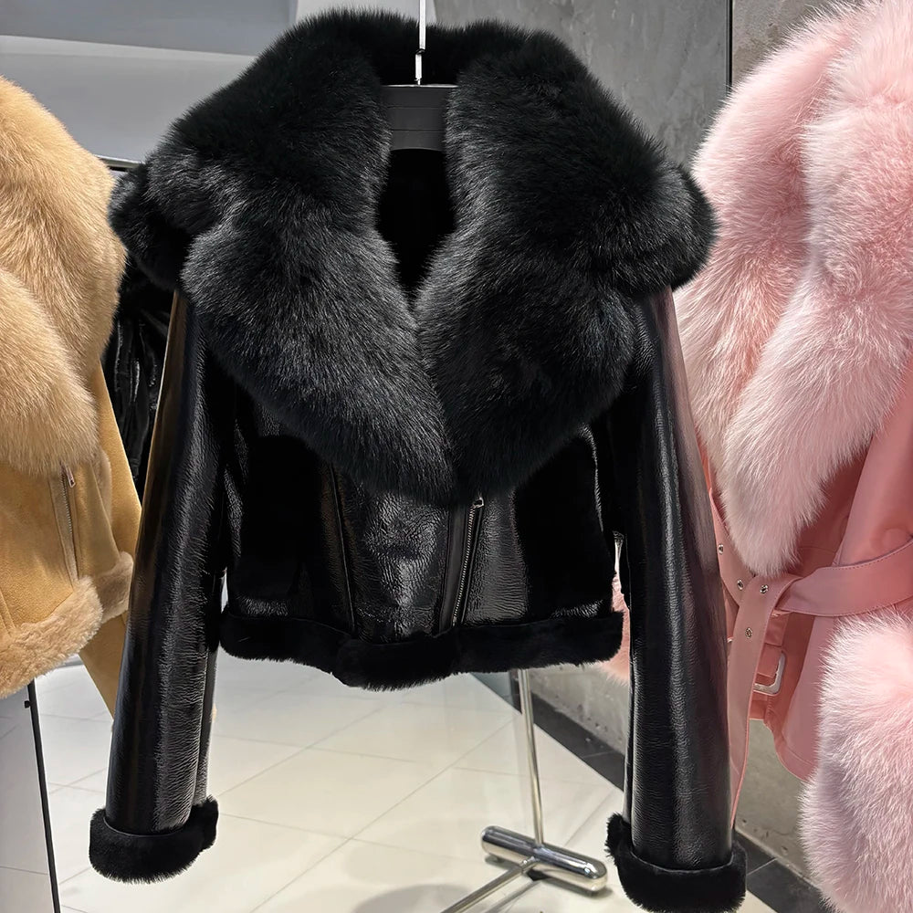 YOLOAgain Burgundy Shearling Jacket With Hood Women 2025 Winter Real Leather Jacket Coat