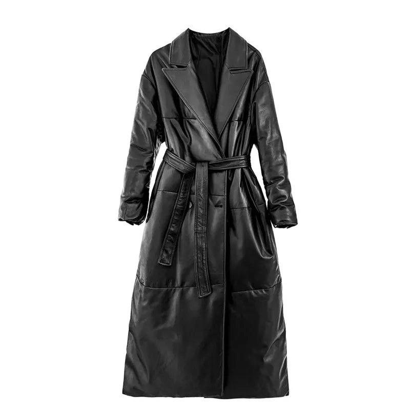 Women's Leather Down Jacket, Loose, Extra Length Design, Goose Down Coat, Suit Collar, Sheepskin Coat, Fashion